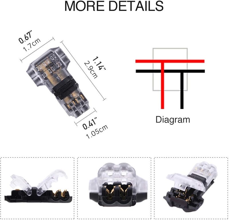 Brightfour Low Voltage Wire Connectors, No Stripping T Tap Wire Connectors 24 Pack, 3 Way Wire Connectors T Type 2 Pins for AWG 24-18 Wires - Image 4